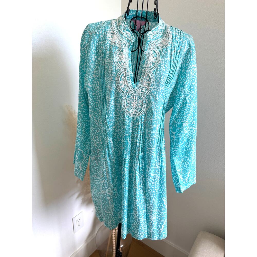 Lilly Pulitzer Sarasota Beaded Tunic Cotton Top-Shorely Blue Sea Cups M-Resort